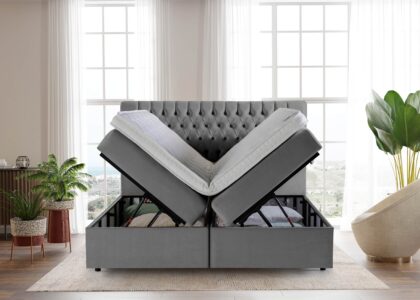 Boxspringbett Vegas mit geöffneten Bettkasten in Velour Grau