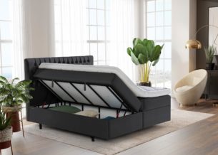 Boxspringbett Vegas mit seitlich geöffneten Bettkasten in Velour Schwarz