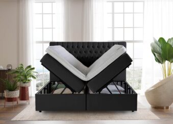 Boxspringbett Vegas mit geöffneten Bettkasten in Velour Schwarz