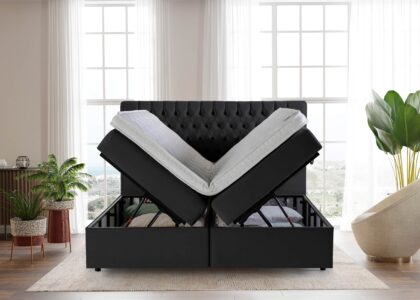 Boxspringbett Vegas mit geöffneten Bettkasten in Velour Schwarz