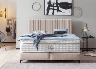 Boxspringbett Paris modernes Kopfteil mit vertikalen Linien in Webstoff Beige