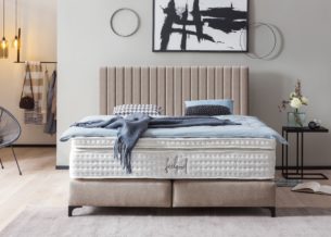 Boxspringbett Paris modernes Kopfteil mit vertikalen Linien in Webstoff Nougat