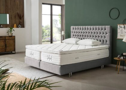 Boxspringbett Vegas in Samt Silber mit Viscokissen