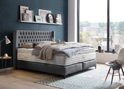 Boxspringbett Florida im Chesterfield Design mit Ohren Velour Dunkelgrau