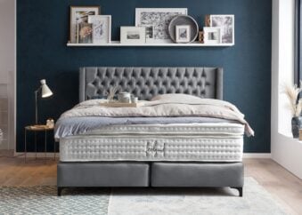 Boxspringbett Florida im Chesterfield Design mit Ohren Velour Dunkelgrau