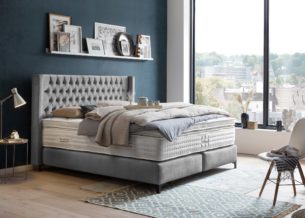 Boxspringbett Florida im Chesterfield Design mit Ohren Velour Grau