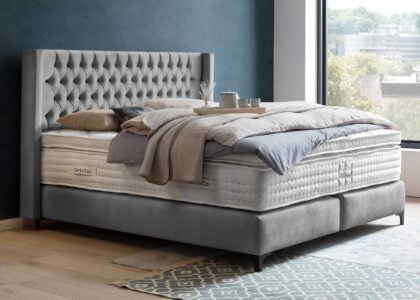 Boxspringbett Florida im Chesterfield Design mit Ohren Velour Grau