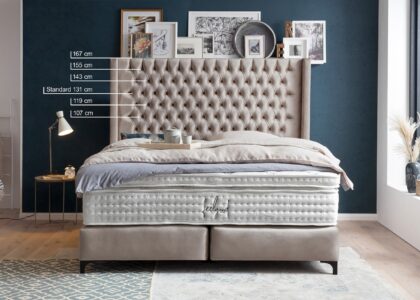 Boxspringbett Florida im Chesterfield Design mit Ohren Velour Taupe mit wählbarer Kopfteilhöhe