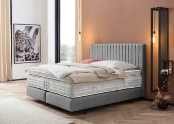 Boxspringbett Paris modernes Kopfteil mit vertikalen Linien in Velour Grau