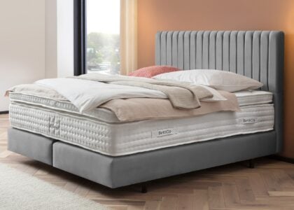 Boxspringbett Paris modernes Kopfteil mit vertikalen Linien Velour Grau Boxspringbett Paris modernes Kopfteil mit vertikalen Linien in Velour Grau