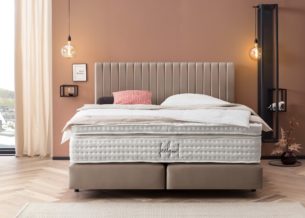 Boxspringbett Paris modernes Kopfteil mit vertikalen Linien in Velour Taupe