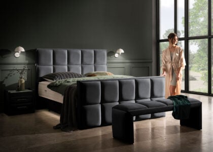 Luxus Boxspringbett Keno in Picasso Velourstoff Schwarz