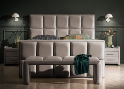 Luxus Boxspringbett Keno in Picasso Velourstoff Taupe