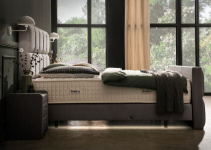 Luxus Boxspringbett Keno in Picasso Velourstoff Taupe