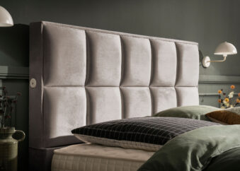 Luxus Boxspringbett Keno in Picasso Velourstoff Taupe