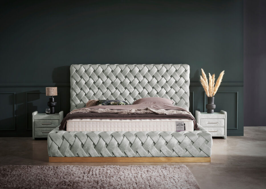 Luxus Boxspringbett mit Bettkasten Crowne in Silber Matrix Samtstoff