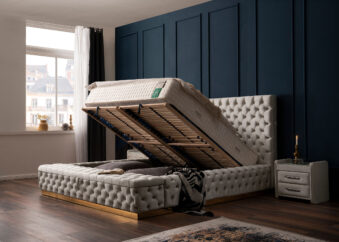 Luxus Boxspringbett Plaza in Picasso Velourstoff Altweiss