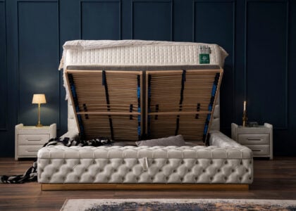 Luxus Boxspringbett Plaza in Picasso Velourstoff Altweiss