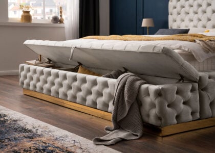 Luxus Boxspringbett Plaza in Picasso Velourstoff Altweiss