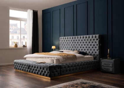 Luxus Boxspringbett Plaza in Picasso Velourstoff Anthrazit