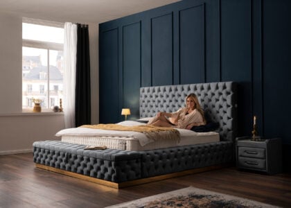 Luxus Boxspringbett Plaza in Picasso Velourstoff Anthrazit