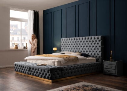 Luxus Boxspringbett Plaza in Picasso Velourstoff Anthrazit