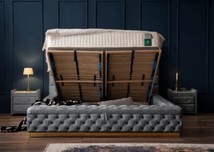 Luxus Boxspringbett Plaza in Picasso Velourstoff Anthrazit