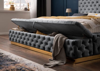 Luxus Boxspringbett Plaza in Picasso Velourstoff Anthrazit