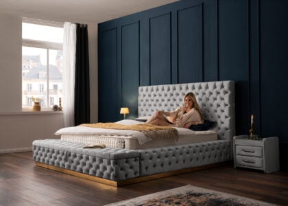 Luxus Boxspringbett Plaza in Picasso Velourstoff Grau
