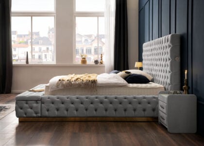 Luxus Boxspringbett Plaza in Picasso Velourstoff Grau
