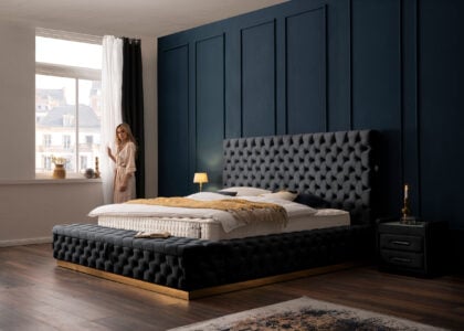 Luxus Boxspringbett Plaza in Picasso Velourstoff Schwarz
