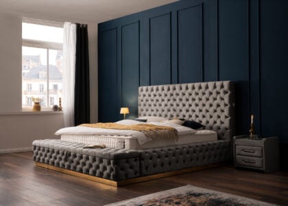 Luxus Boxspringbett Plaza in Picasso Velourstoff Taupe