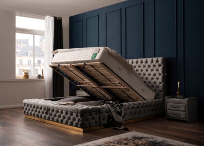 Luxus Boxspringbett Plaza in Picasso Velourstoff Taupe