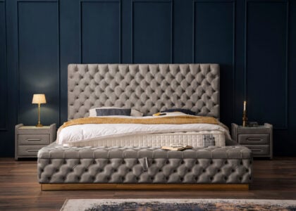 Luxus Boxspringbett Plaza in Picasso Velourstoff Taupe