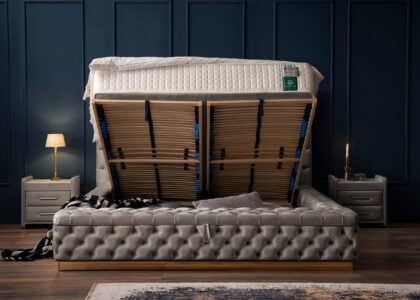 Luxus Boxspringbett Plaza in Picasso Velourstoff Taupe