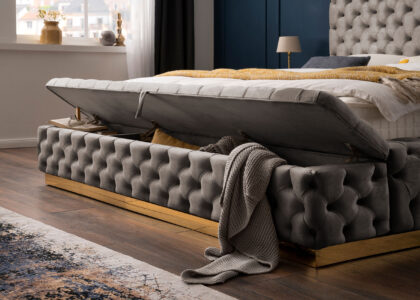 Luxus Boxspringbett Plaza in Picasso Velourstoff Taupe