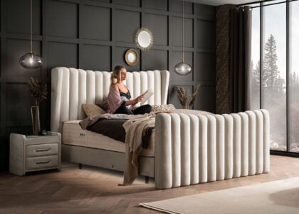 Luxus Boxsprıngbett Saılor ın Picasso Velourstoff Altweiss